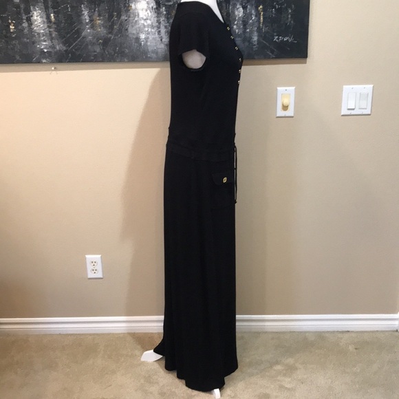 Chelsea & Theodore Black Drawstring Waist Front Pockets Pullover Maxi Dress-10 - Picture 4 of 12